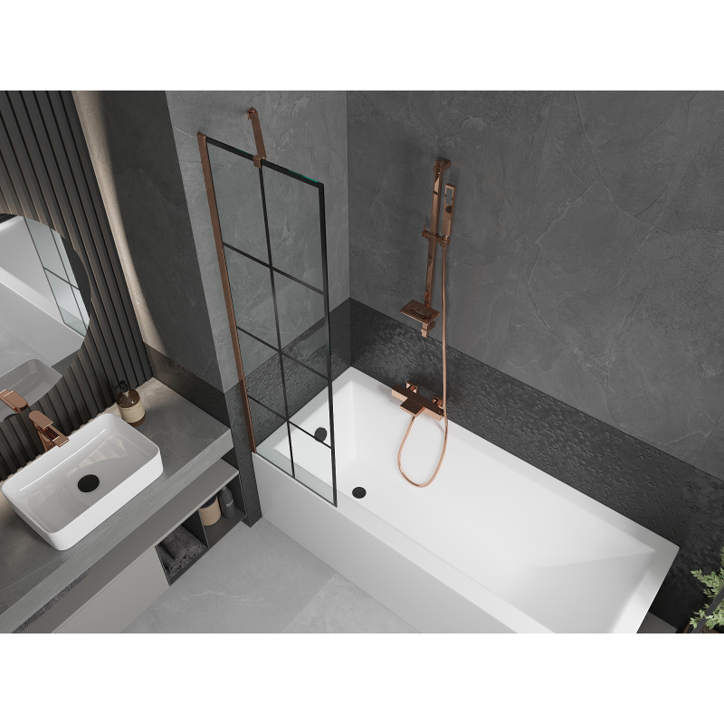 Mexen Next paroi de baignoire à 1 vantail 50 x 150 cm, grille noire, or rose - 895-050-000-00-77-60