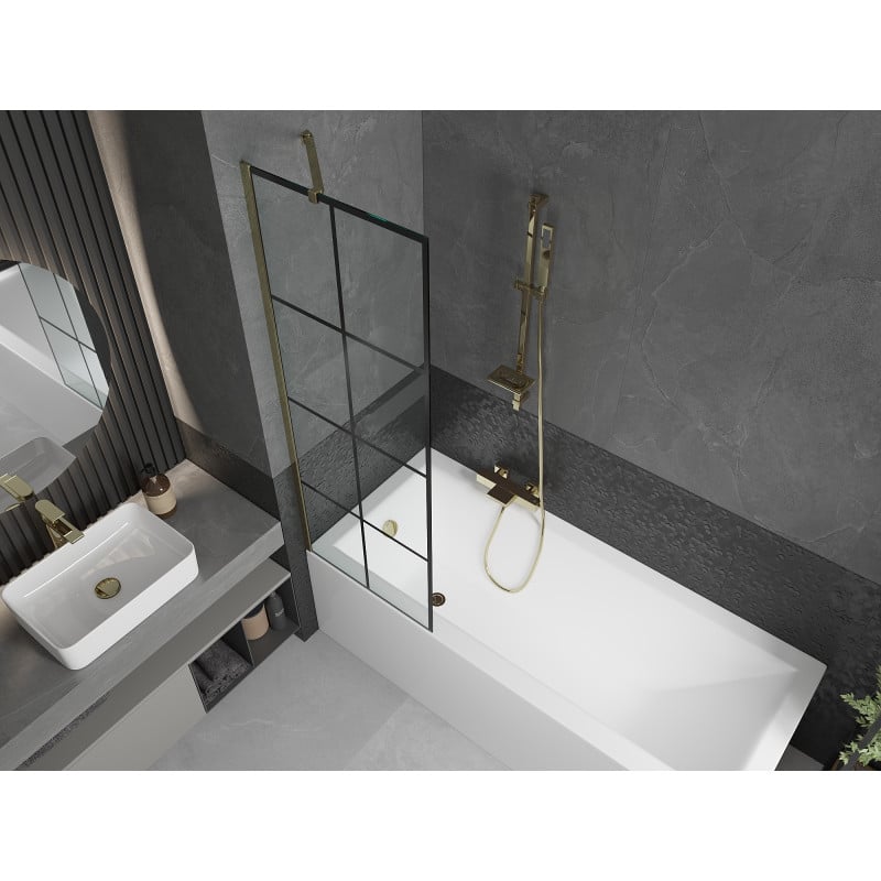 Mexen Next paroi de baignoire à 1 vantail 60 x 150 cm, grille noire, dorée - 895-060-000-00-77-50