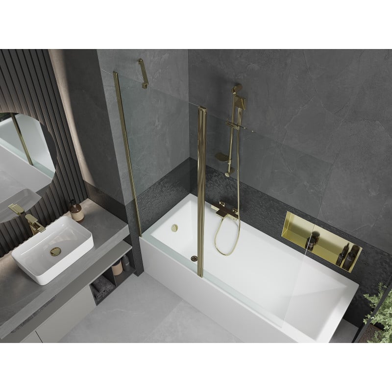 Mexen Flip paravent de baignoire pliable 2 volets 140 x 150 cm, transparent, doré - 894-140-101-50-00