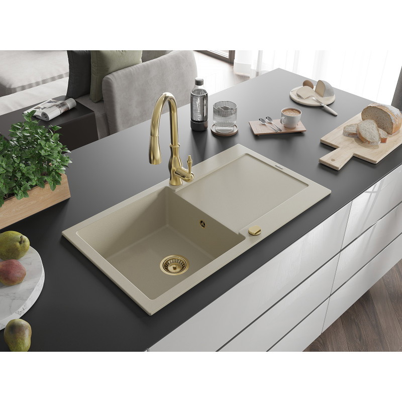 Mexen Leo évier en granit 1 bac avec égouttoir et robinet de cuisine Savita, beige - 6501-69-672601-50