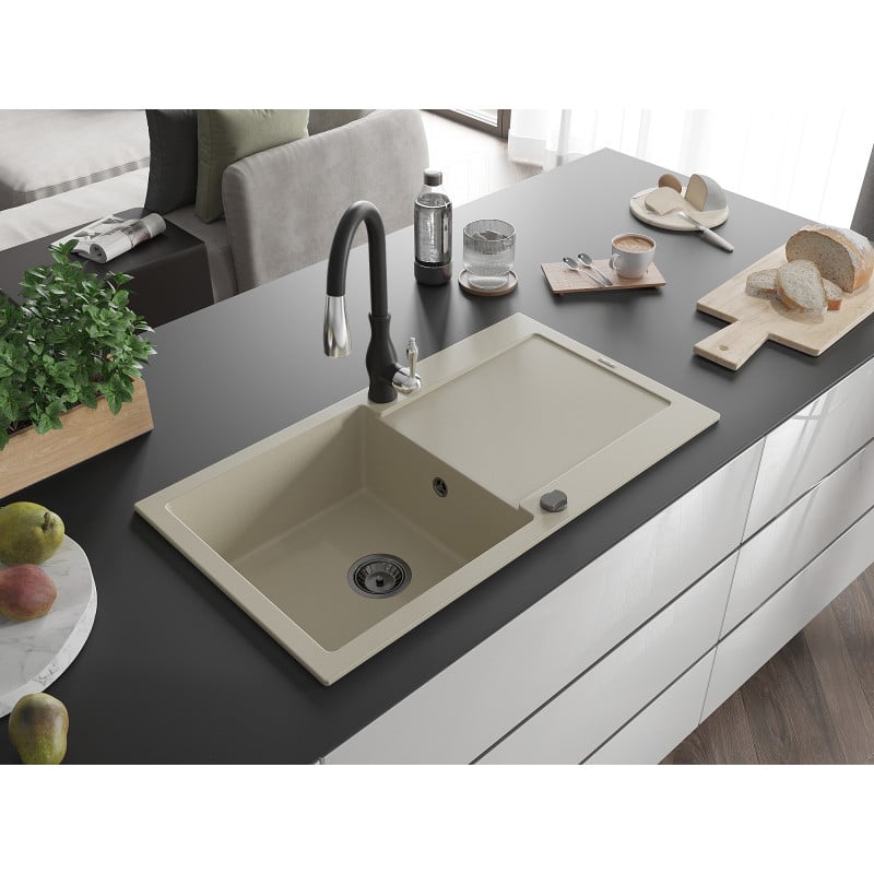 Mexen Leo évier en granit 1 bac avec égouttoir et robinet de cuisine Savita, beige - 6501-69-672601-70