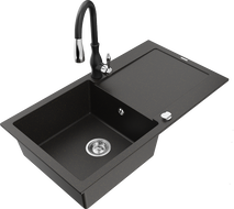 Mexen Leo évier en granit 1 bac avec égouttoir et robinet de cuisine Savita, noir/doré métallique - 6501-75-672601-70