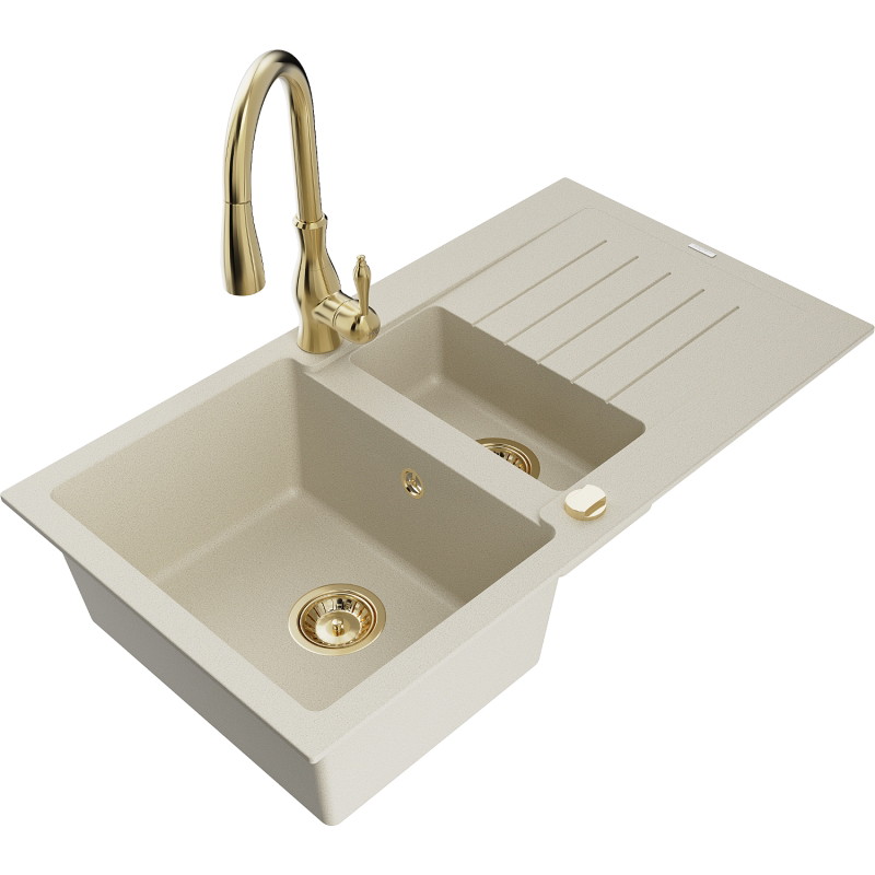 Mexen Matias évier en granit 1,5 cuves avec égouttoir et robinet de cuisine Savita, beige - 6502-69-672601-50