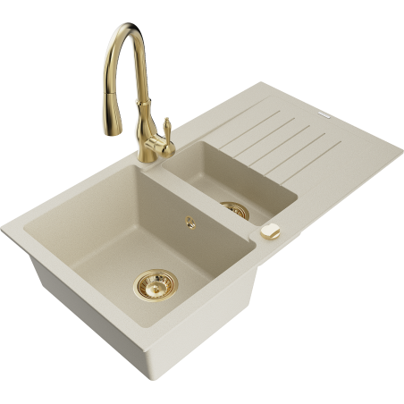 Mexen Matias évier en granit 1,5 cuves avec égouttoir et robinet de cuisine Savita, beige - 6502-69-672601-50
