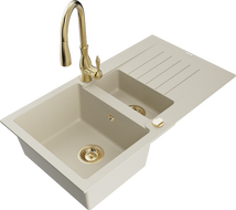 Mexen Matias évier en granit 1,5 cuves avec égouttoir et robinet de cuisine Savita, beige - 6502-69-672601-50