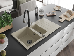 Mexen Matias évier en granit 1,5-bacs avec égouttoir et robinet de cuisine Savita, beige - 6502-69-672601-70