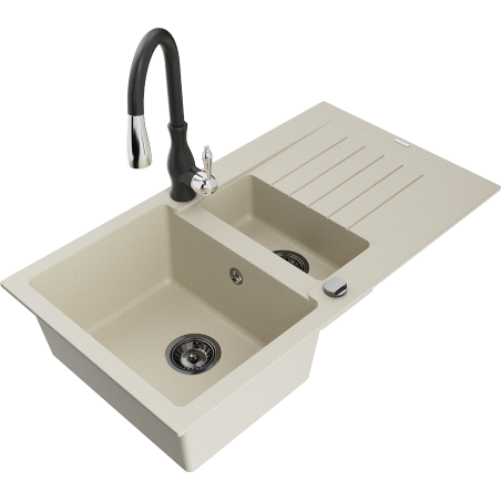 Mexen Matias évier en granit 1,5-bacs avec égouttoir et robinet de cuisine Savita, beige - 6502-69-672601-70