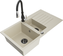 Mexen Matias évier en granit 1,5-bacs avec égouttoir et robinet de cuisine Savita, beige - 6502-69-672601-70