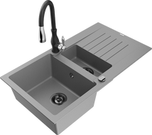 Mexen Matias évier de cuisine en granit 1,5 bac avec égouttoir et robinet de cuisine Savita, gris - 6502-71-672601-70-B