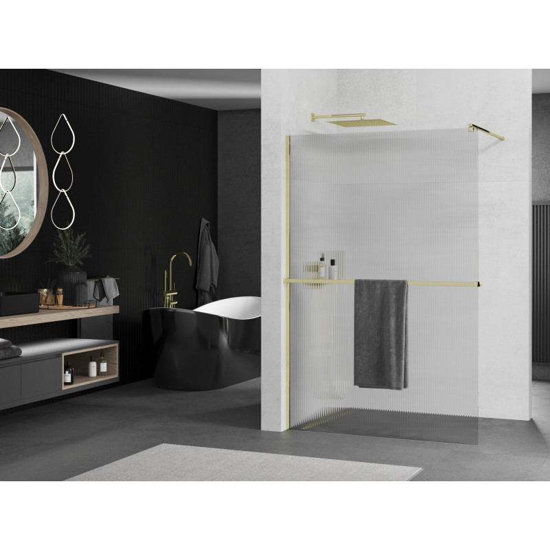 Mexen Kioto+ paroi de douche avec étagère Walk-in 120 x 200 cm, stries, dorée - 800-120-121-50-09
