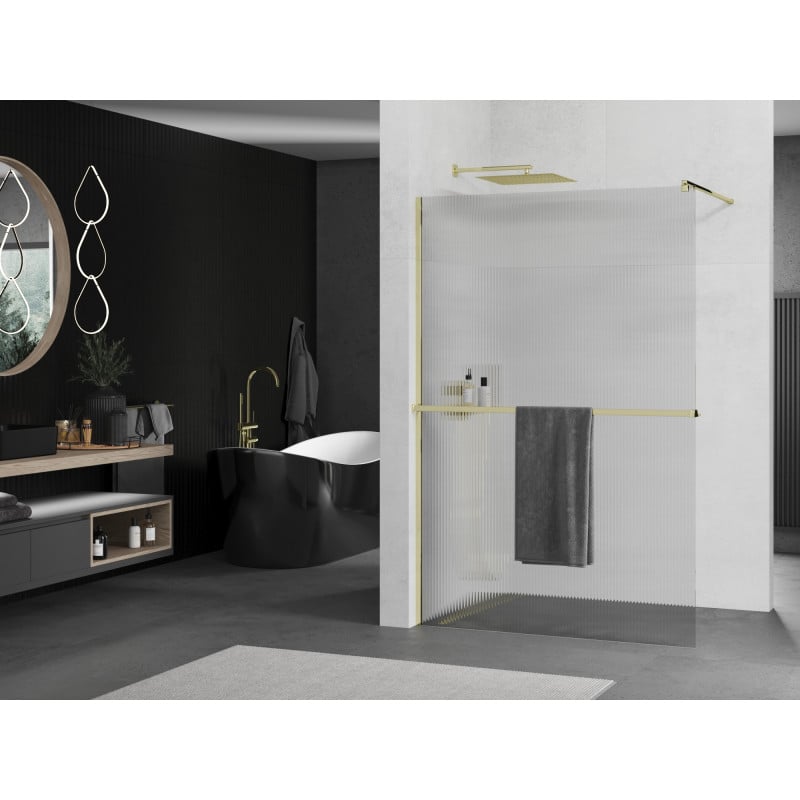 Mexen Kioto+ paroi de douche avec étagère Walk-in 130 x 200 cm, stries, or - 800-130-121-50-09