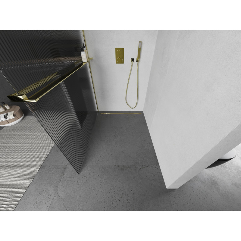 Mexen Kioto+ paroi de douche avec étagère Walk-in 140 x 200 cm, striée, dorée - 800-140-121-50-09