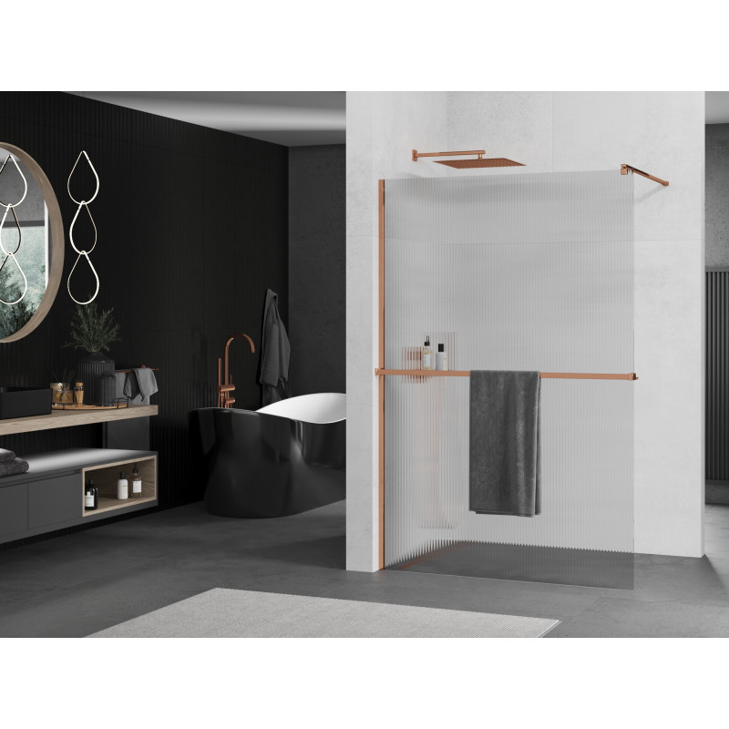 Mexen Kioto+ paroi de douche avec étagère Walk-in 70 x 200 cm, rayures, or rose - 800-070-121-60-09