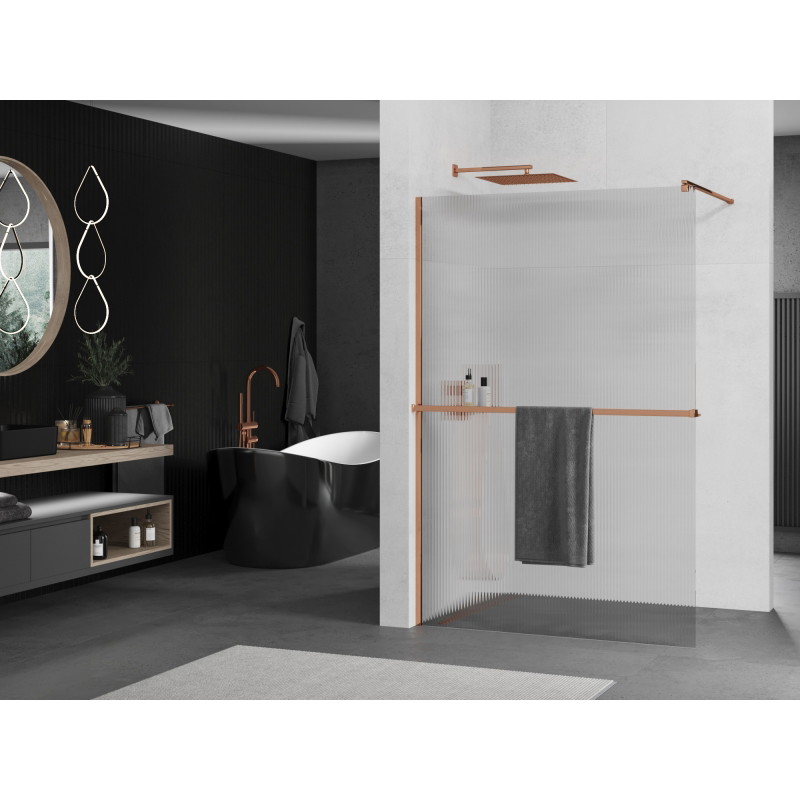 Mexen Kioto+ paroi de douche avec étagère Walk-in 120 x 200 cm, stries, or rose - 800-120-121-60-09