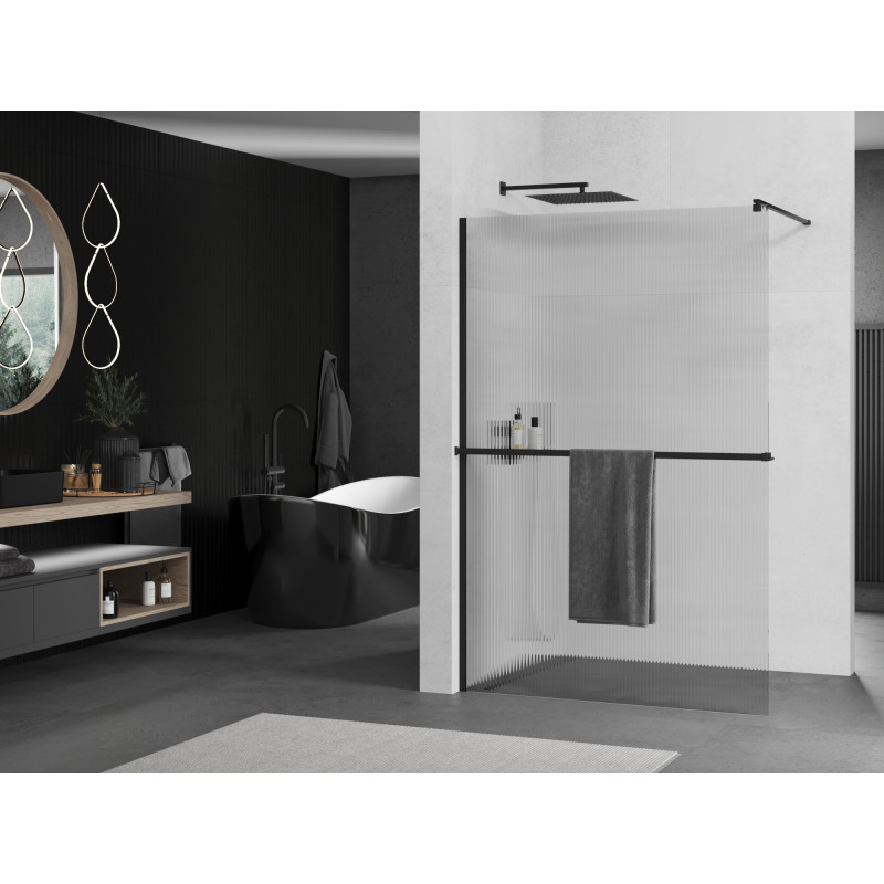 Mexen Kioto+ paroi de douche avec étagère Walk-in 80 x 200 cm, rayures, noire - 800-080-121-70-09