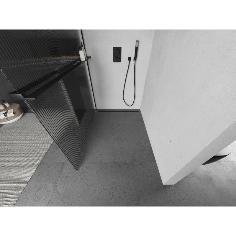 Mexen Kioto+ paroi de douche avec étagère Walk-in 120 x 200 cm, rayures, noire - 800-120-121-70-09