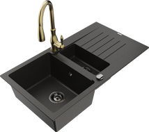 Mexen Matias évier en granit 1,5 bac avec égouttoir et robinet de cuisine Savita, noir/doré - 6502-75-672601-50-B