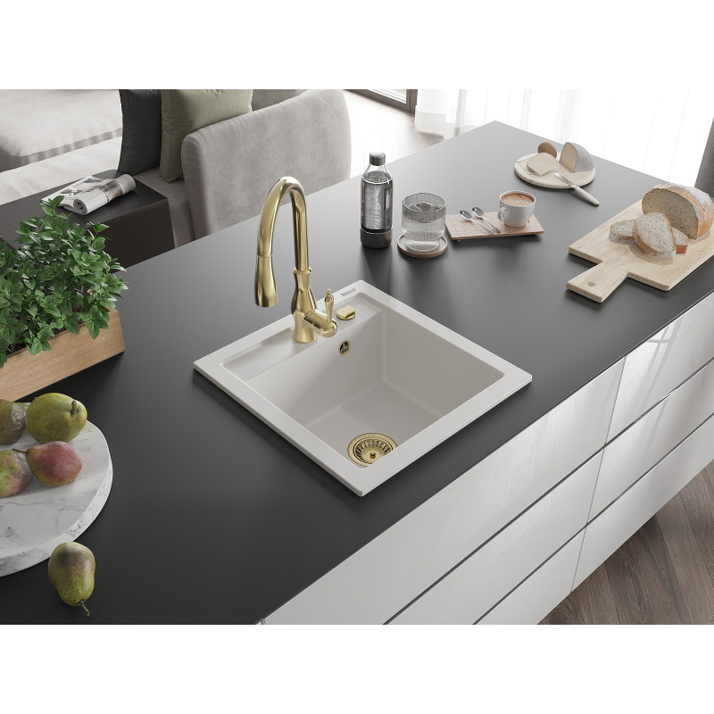 Mexen Vito évier en granit 1 cuve avec robinet de cuisine Savita, blanc - 6503-20-672601-50