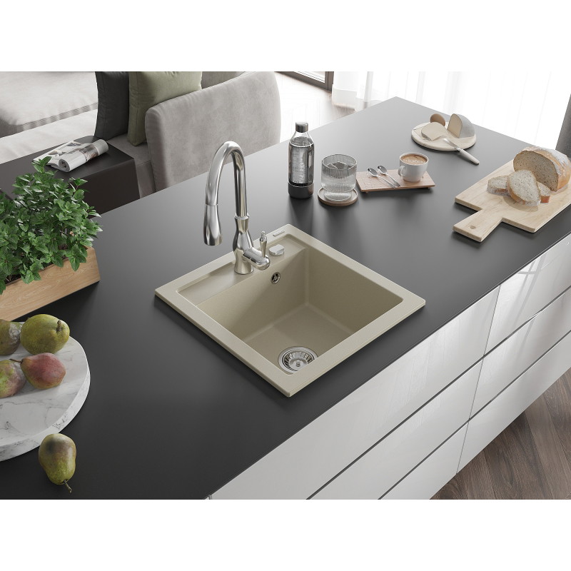 Mexen Vito évier en granit 1 bac avec robinet de cuisine Savita, beige - 6503-69-672601-00