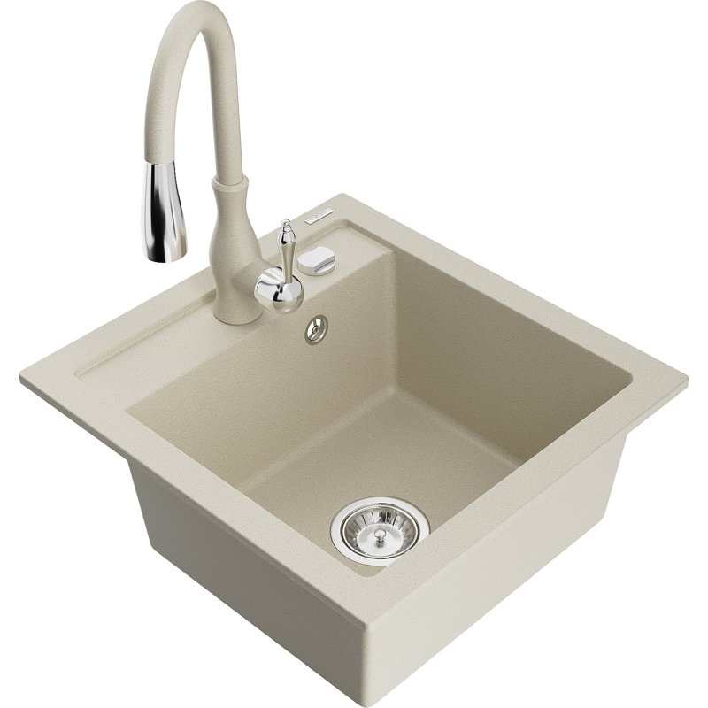 Mexen Vito évier de cuisine en granit 1 bac avec robinet de cuisine Savita, beige - 6503-69-672601-69