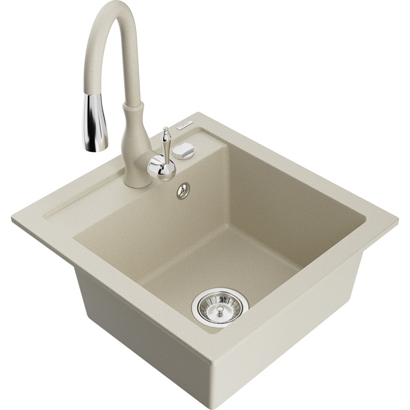 Mexen Vito Évier en granit 1 bac avec robinet de cuisine Savita, beige - 6503-69-672601-69