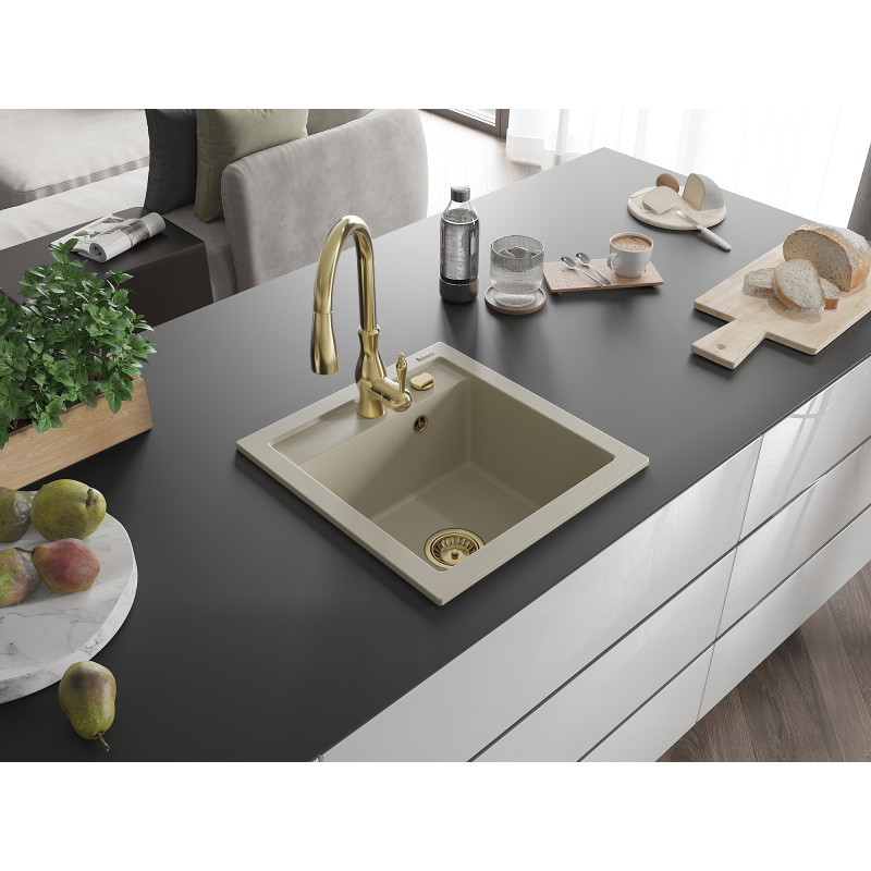 Mexen Vito évier en granite 1 bac avec robinet de cuisine Savita, beige - 6503-69-672601-50