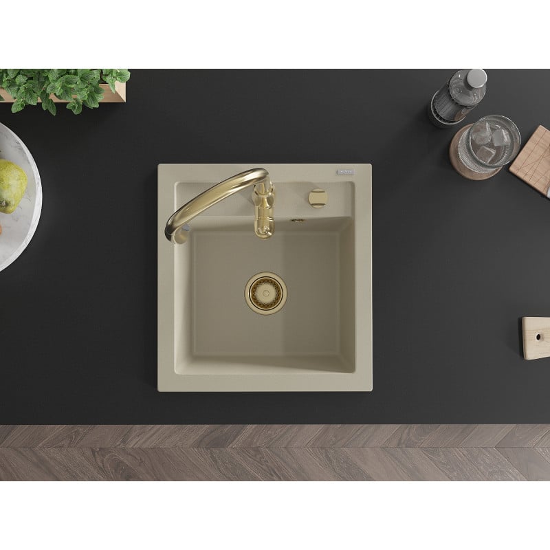 Mexen Vito évier en granite 1 bac avec robinet de cuisine Savita, beige - 6503-69-672601-50