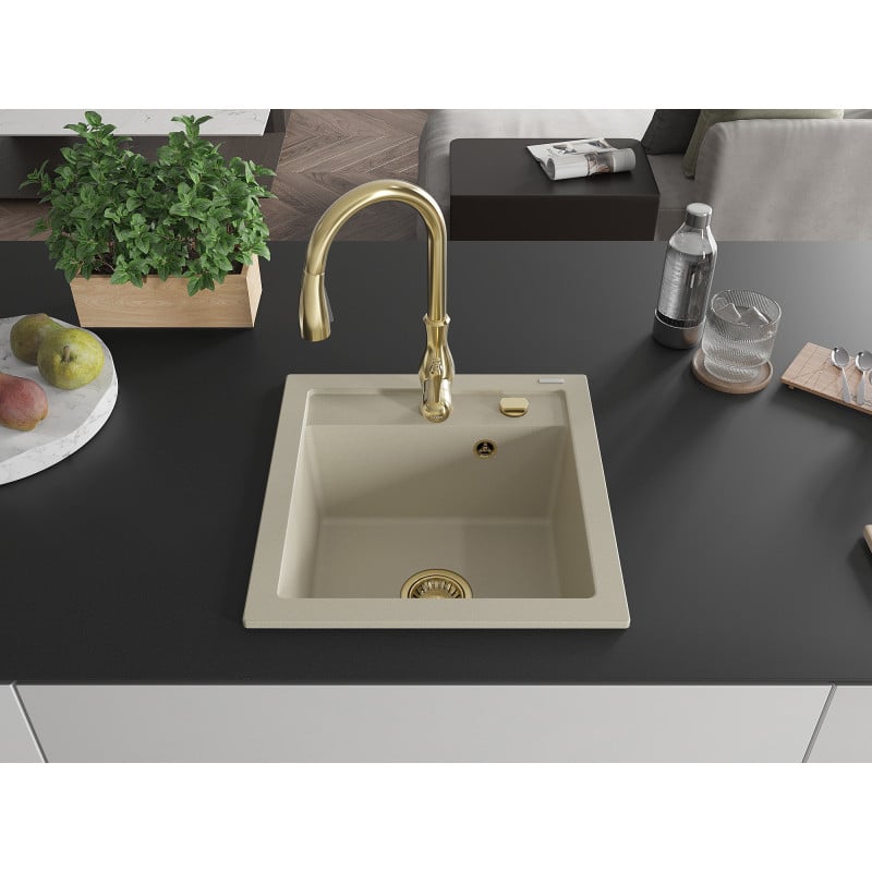 Mexen Vito évier en granite 1 bac avec robinet de cuisine Savita, beige - 6503-69-672601-50