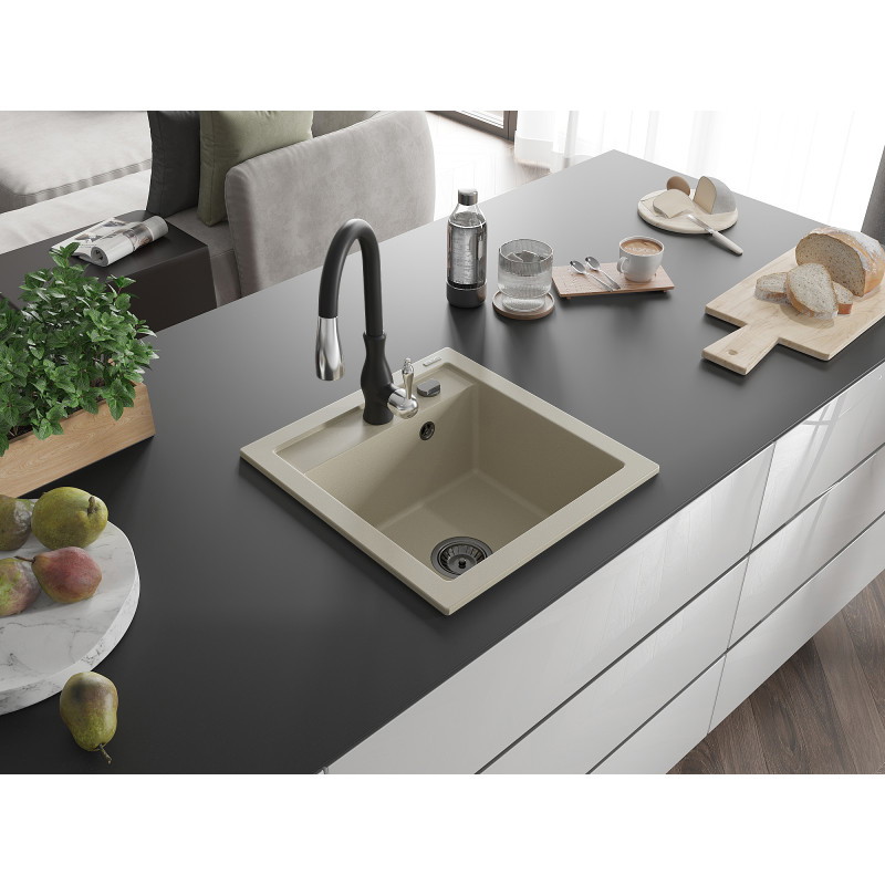 Mexen Vito évier en granit 1-cuve avec robinet de cuisine Savita, beige - 6503-69-672601-70