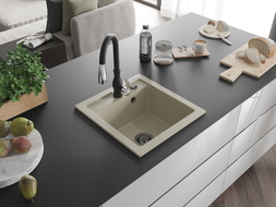 Mexen Vito évier en granit 1-cuve avec robinet de cuisine Savita, beige - 6503-69-672601-70
