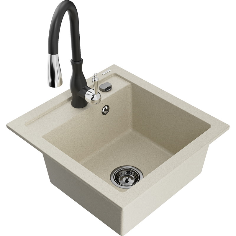 Mexen Vito évier en granit 1 bac avec robinet de cuisine Savita, beige - 6503-69-672601-70