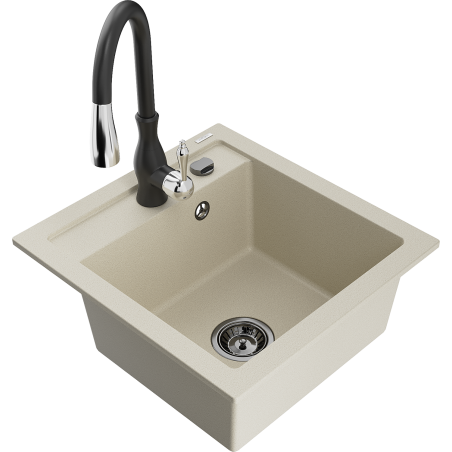 Mexen Vito évier en granit 1 bac avec robinet de cuisine Savita, beige - 6503-69-672601-70