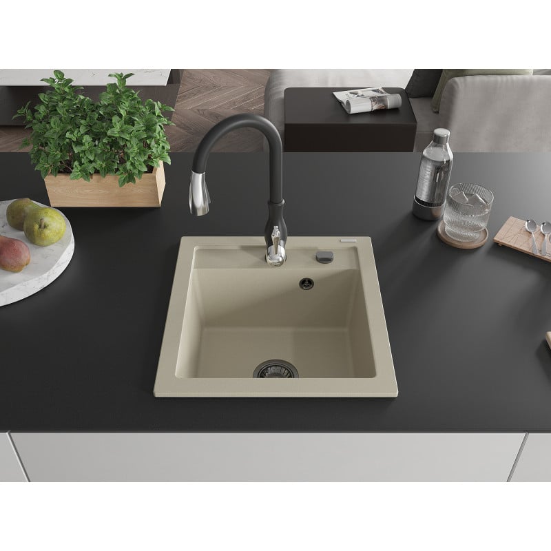 Mexen Vito évier en granit 1-cuve avec robinet de cuisine Savita, beige - 6503-69-672601-70