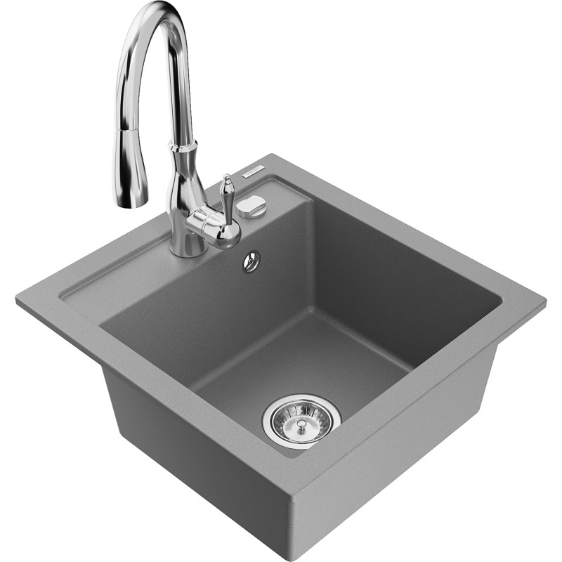 Mexen Vito évier en granit 1 cuve avec robinet de cuisine Savita, gris - 6503-71-672601-00