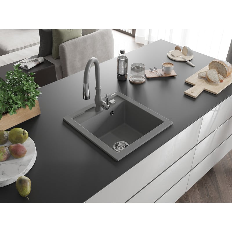 Mexen Vito évier en granit 1-bassin avec robinet de cuisine Savita, gris - 6503-71-672601-71