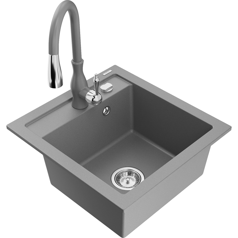 Mexen Vito évier en granit 1-bassin avec robinet de cuisine Savita, gris - 6503-71-672601-71