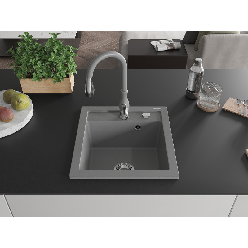 Mexen Vito évier en granit 1-bassin avec robinet de cuisine Savita, gris - 6503-71-672601-71