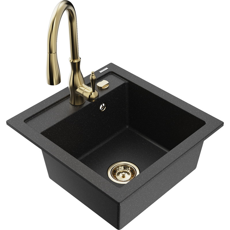 Mexen Vito évier en granit à 1 bac avec robinet de cuisine Savita, noir/métallisé argenté - 6503-73-672601-50