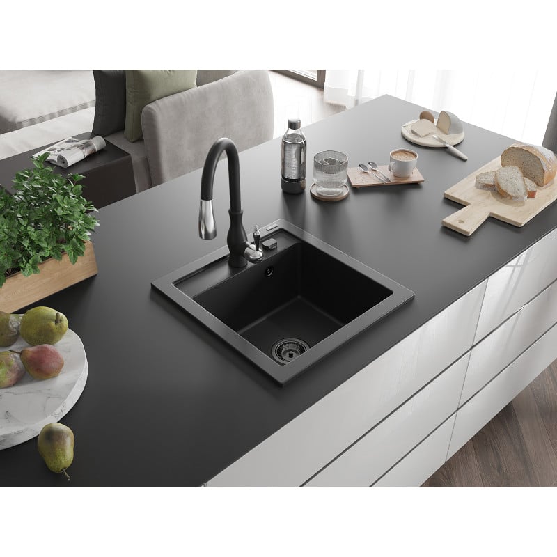 Mexen Vito évier en granit 1-bassin avec robinet de cuisine Savita, noir - 6503-77-672601-70-B