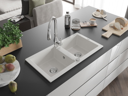 Mexen Mario évier de cuisine en granit à 2 bacs avec robinet Savita, blanc - 6504-20-672601-00