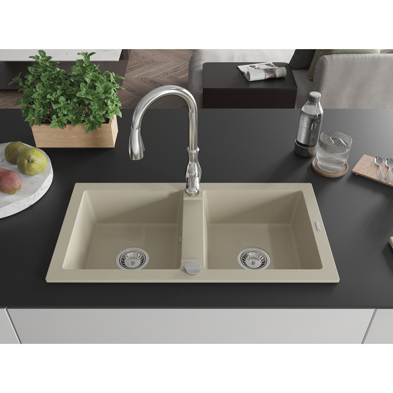 Mexen Mario évier en granit 2 bacs avec robinet de cuisine Savita, beige - 6504-69-672601-00