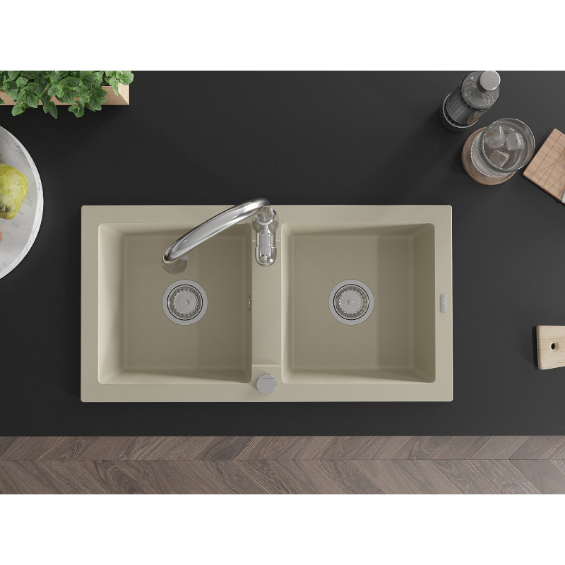 Mexen Mario évier en granit 2 bacs avec robinet de cuisine Savita, beige - 6504-69-672601-00