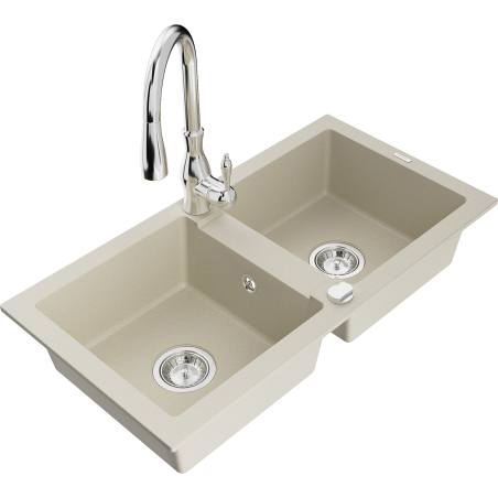 Mexen Mario évier en granit 2 bacs avec robinet de cuisine Savita, beige - 6504-69-672601-00