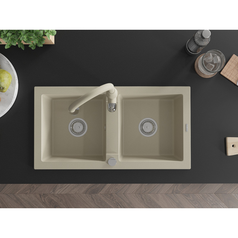 Mexen Mario évier en granit double cuve avec robinet de cuisine Savita, beige - 6504-69-672601-69