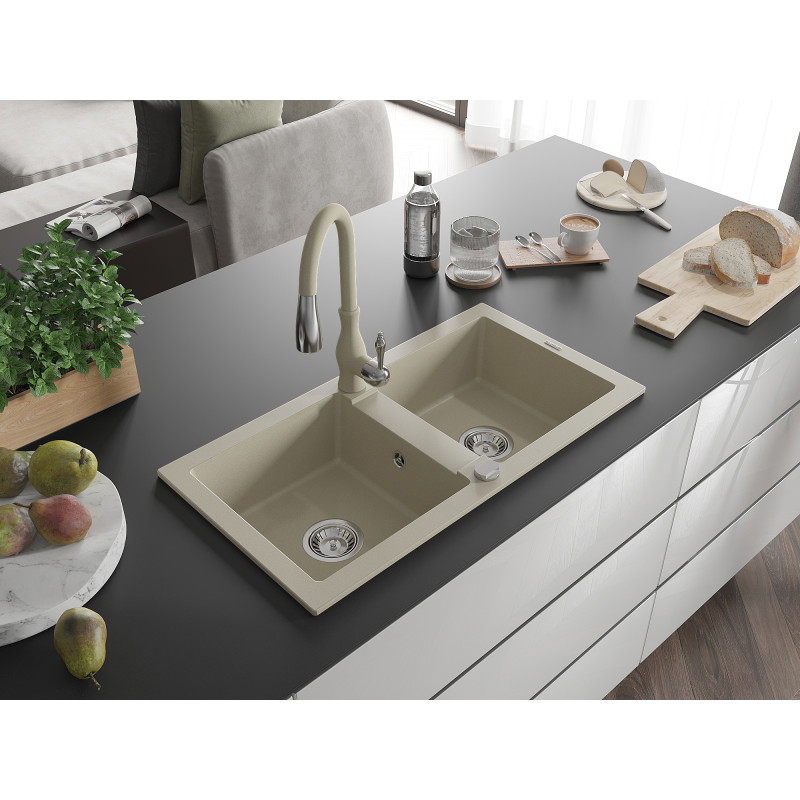 Mexen Mario évier en granit double cuve avec robinet de cuisine Savita, beige - 6504-69-672601-69