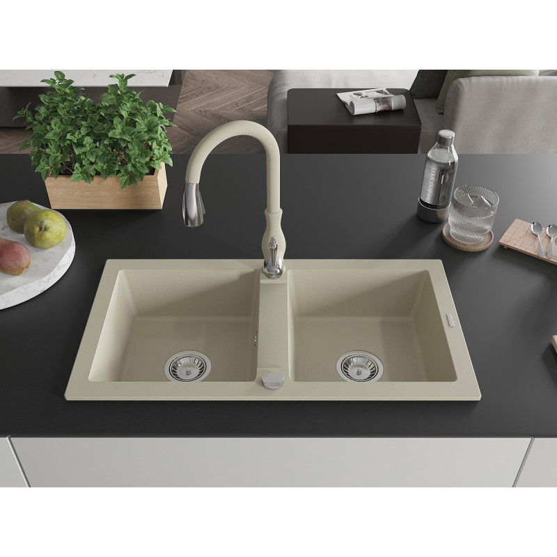 Mexen Mario évier en granit double cuve avec robinet de cuisine Savita, beige - 6504-69-672601-69