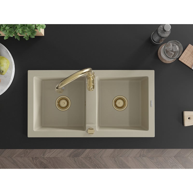 Mexen Mario évier en granit 2 cuves avec robinet de cuisine Savita, beige - 6504-69-672601-50