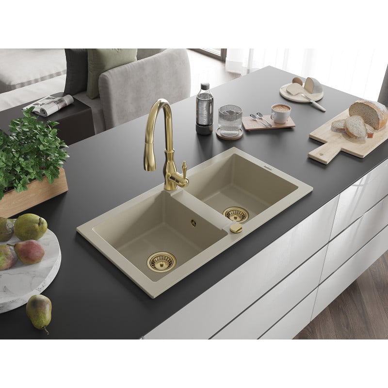 Mexen Mario évier en granit 2 cuves avec robinet de cuisine Savita, beige - 6504-69-672601-50