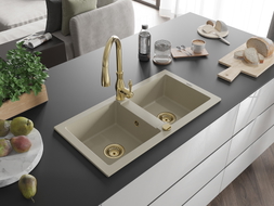 Mexen Mario évier granitique à 2 cuves avec robinet de cuisine Savita, beige - 6504-69-672601-50
