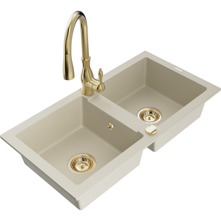 Mexen Mario évier en granit 2 cuves avec robinet de cuisine Savita, beige - 6504-69-672601-50